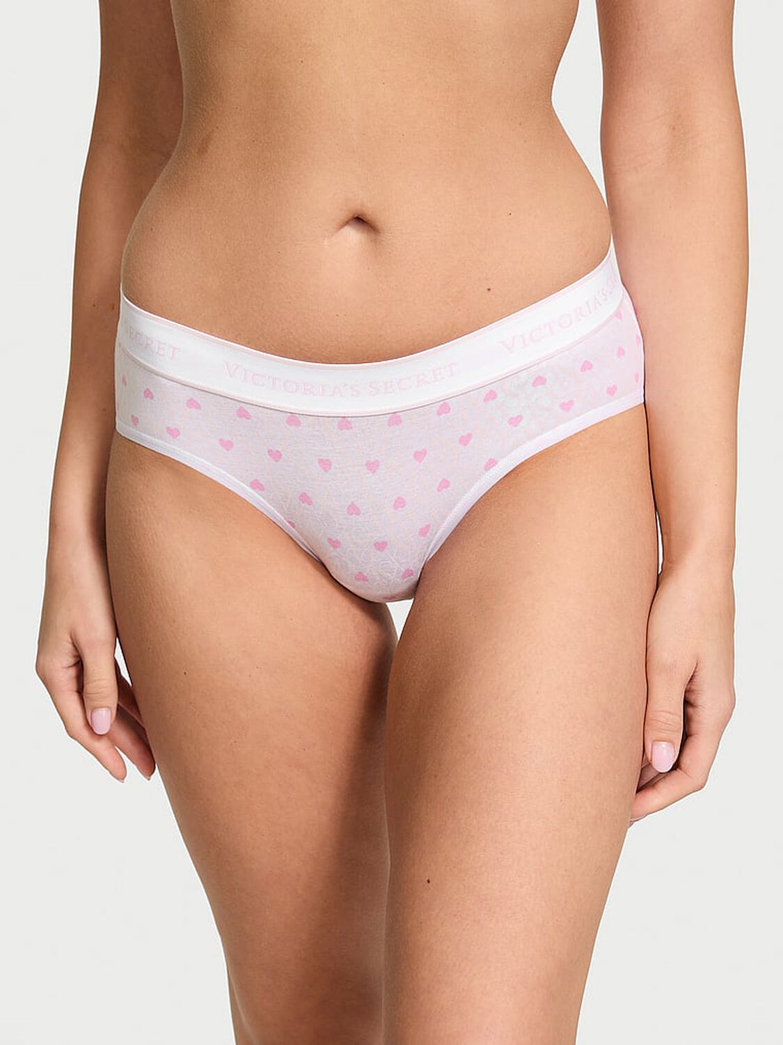 vs Cotton Logo Cotton Hiphugger Panty White & Pink Hearts 1 of 4 