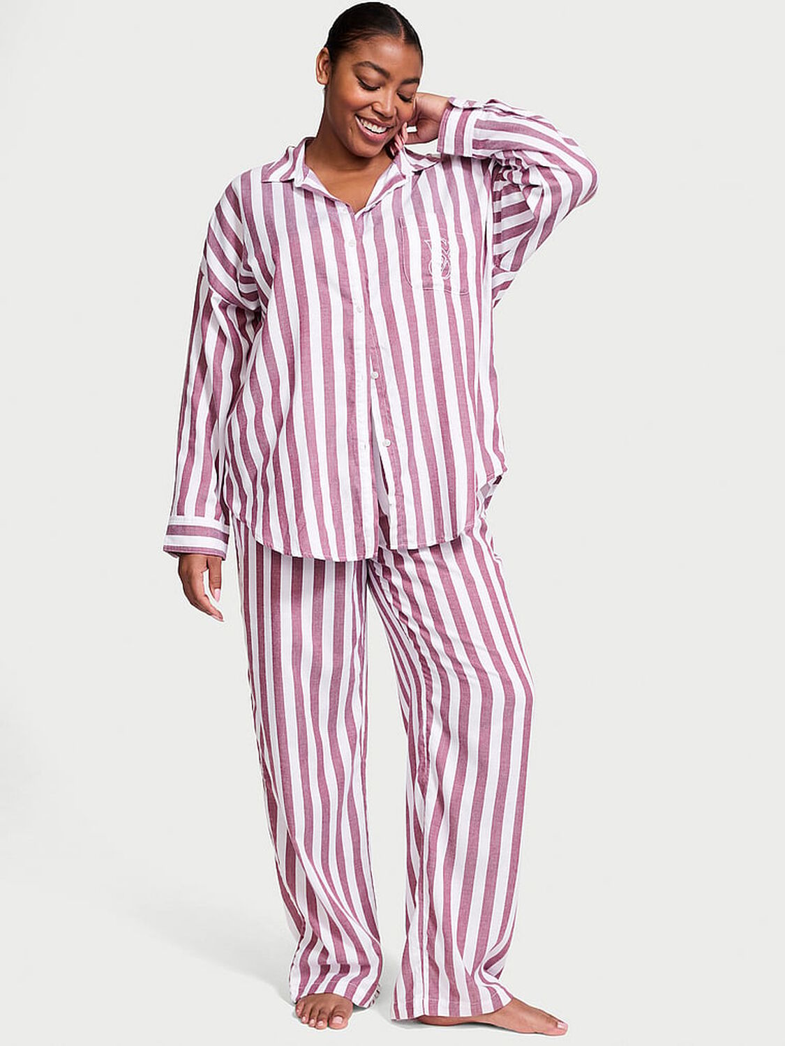 vs Victoria's Secret Modal-Cotton Long Pajama Set Pink Rouge Stripes 1 of 4 
