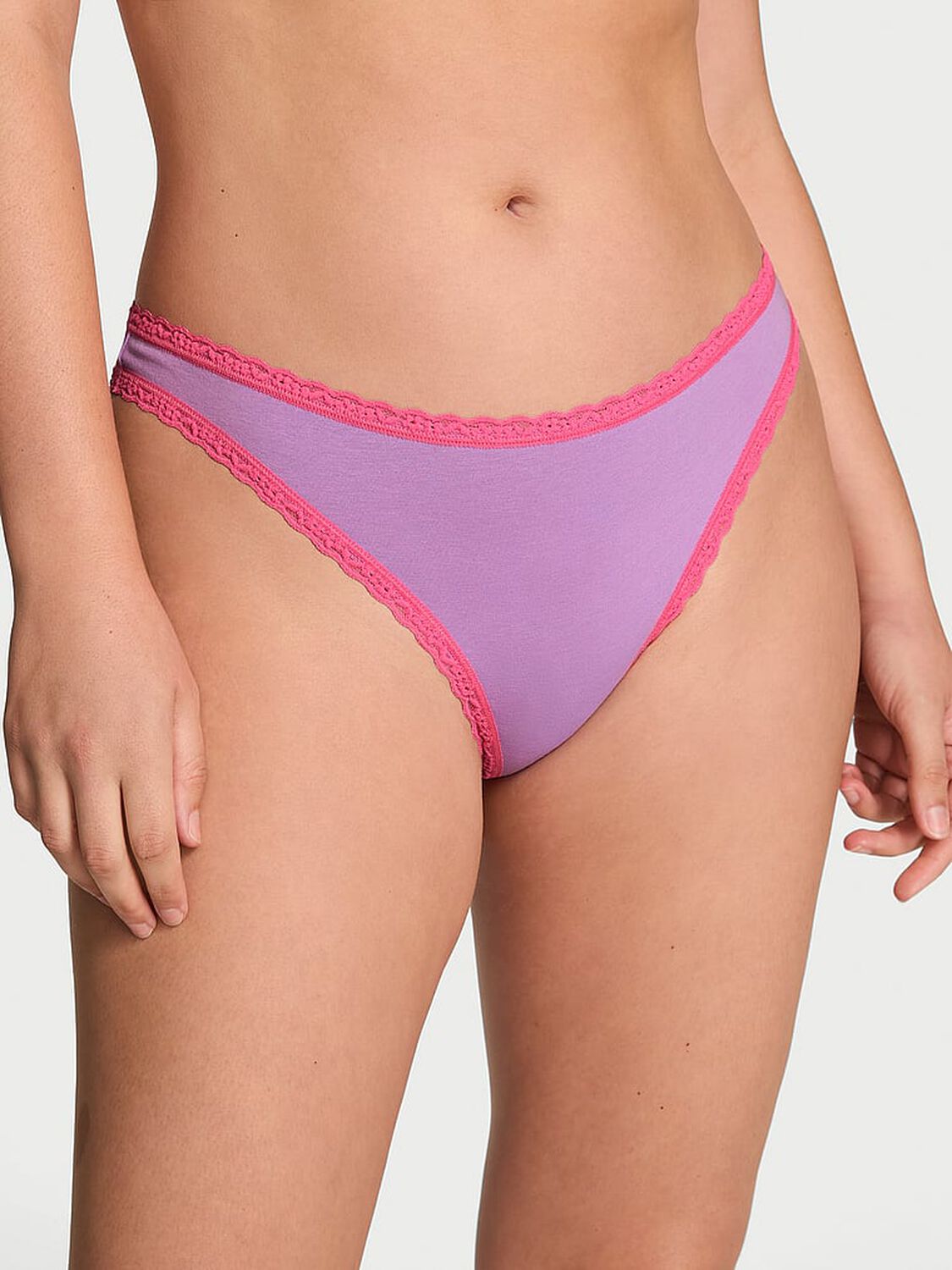 vs Lace Trim Cotton Lace-Waist Thong Candy Violet 1 of 3 