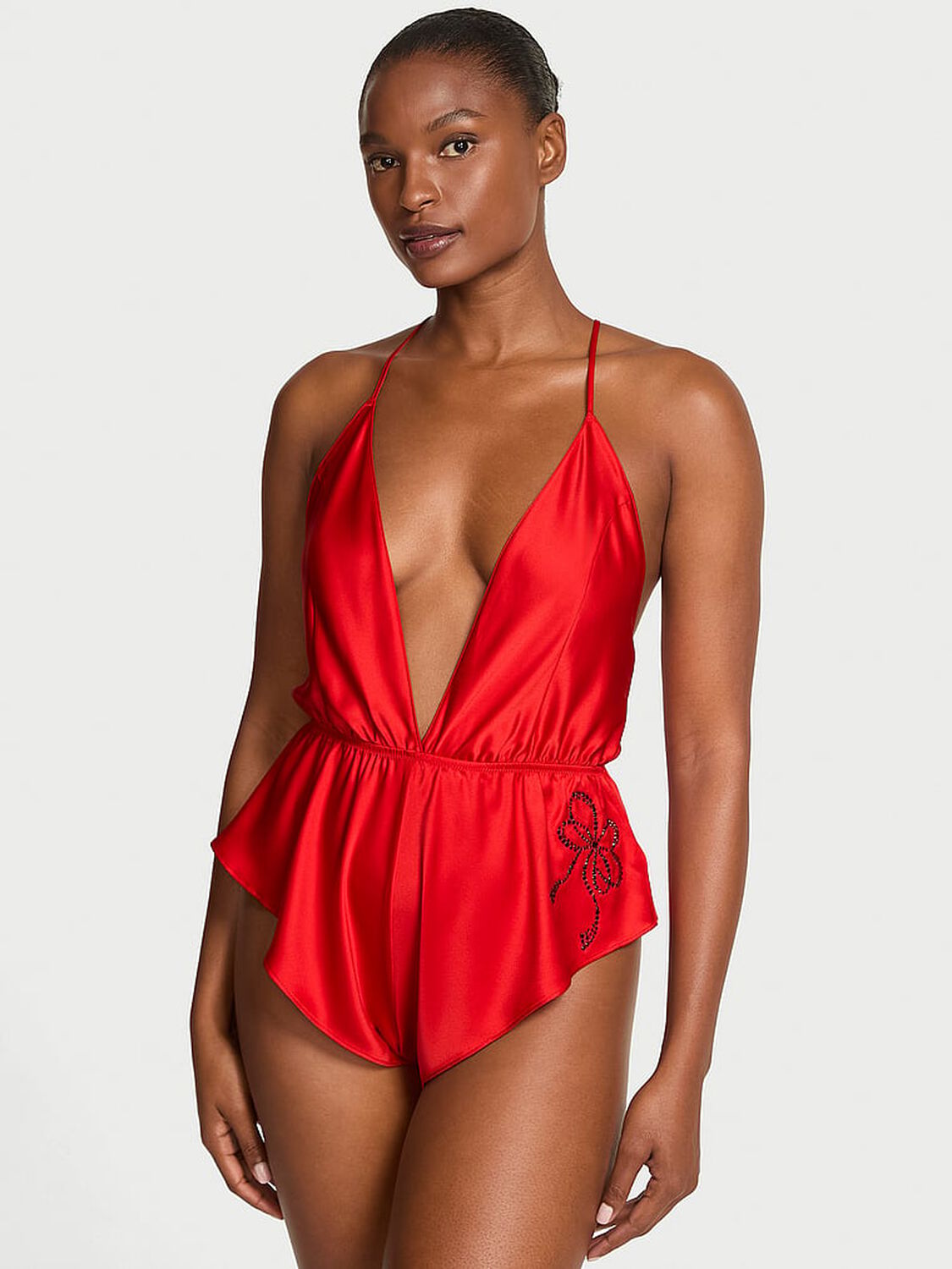 vs Victoria's Secret Satin Sparkle Bow Flutter Romper Bright Vermillion 1 of 4 
