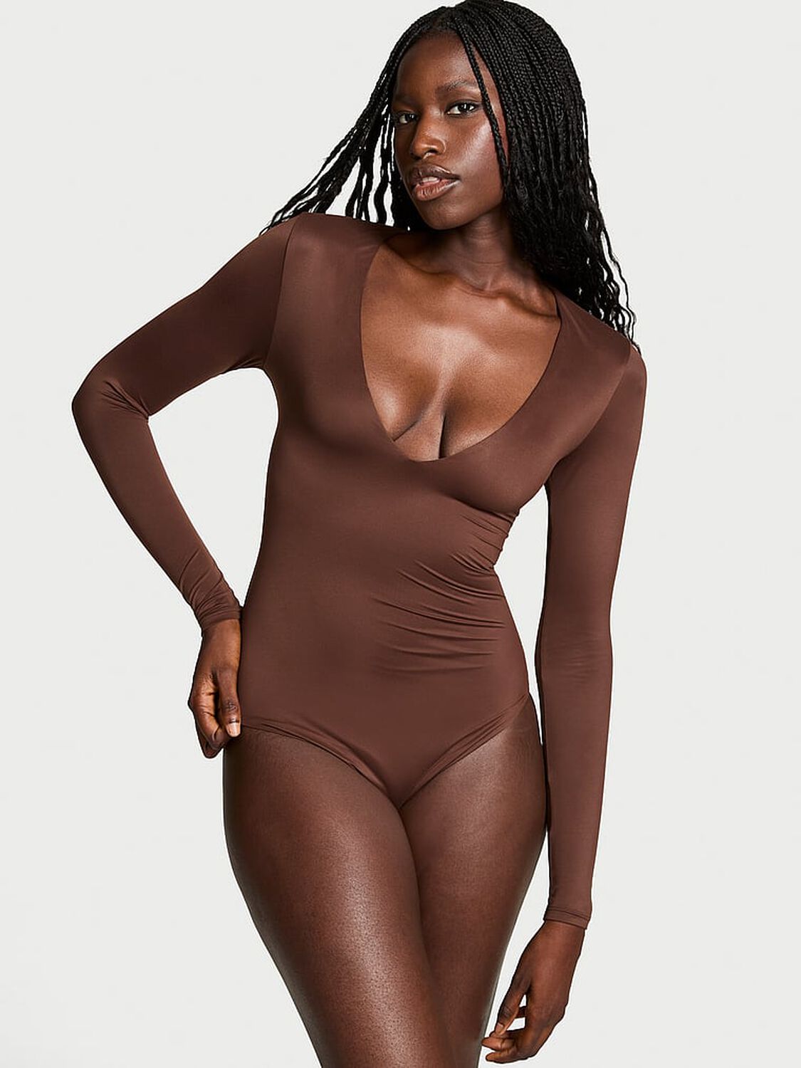 vs Victoria's Secret BODYWEAR by Victoria with FeatherSoft™ Innovation V-Neck Bodysuit Ganache 1 of 3 