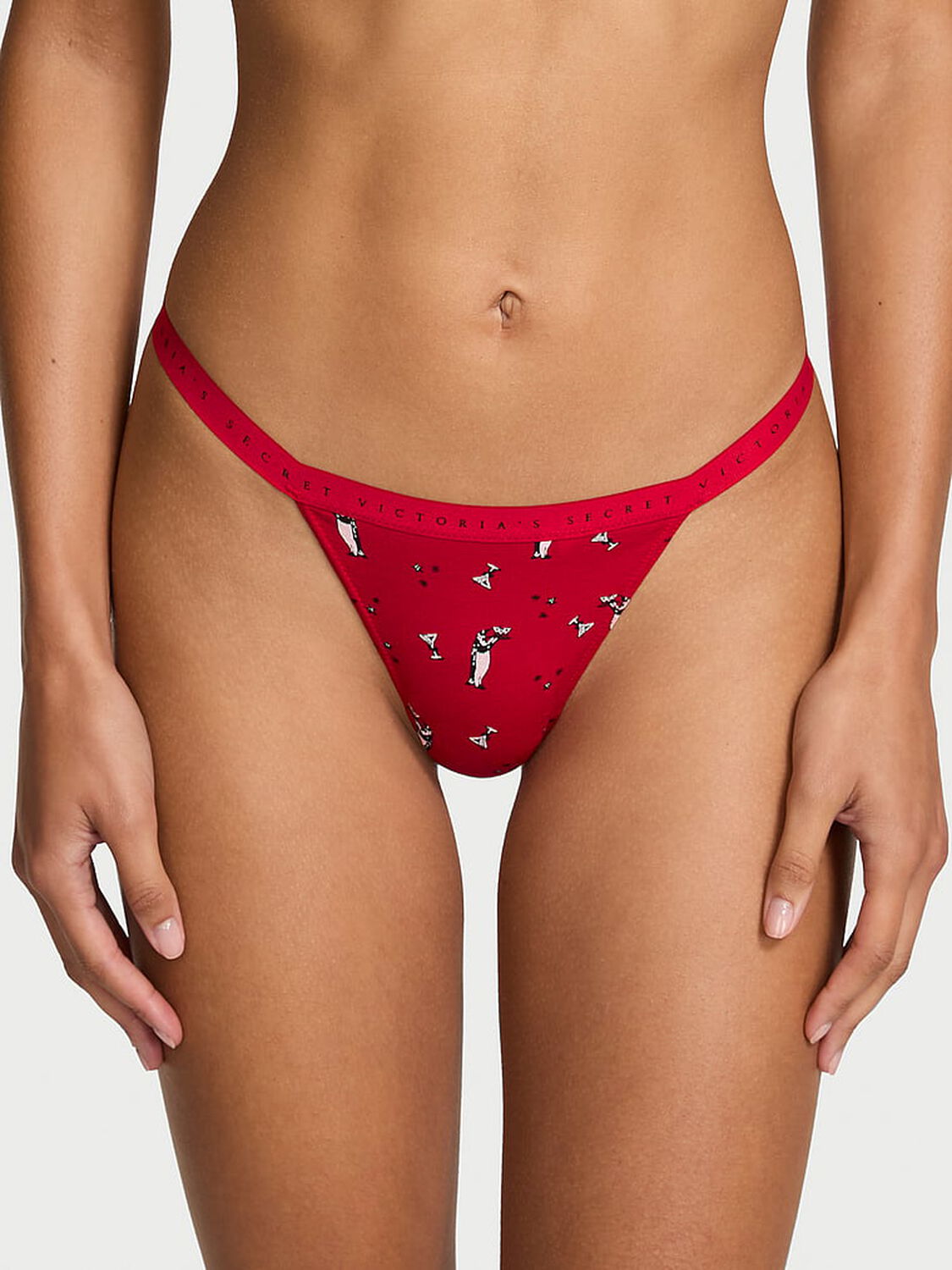 vs Victoria's Secret Stretch Cotton V-String Panty Red Cocktail Penguins 1 of 2 