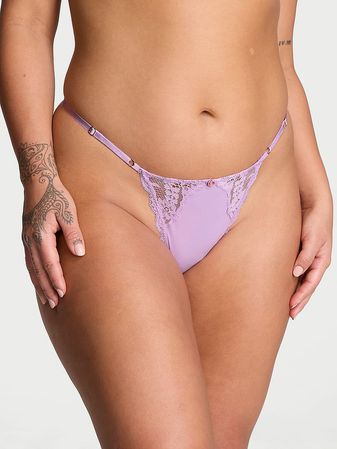 vs Dream Angels Lace-Trim Adjustable V-String Panty Silky Lilac 1 of 3 