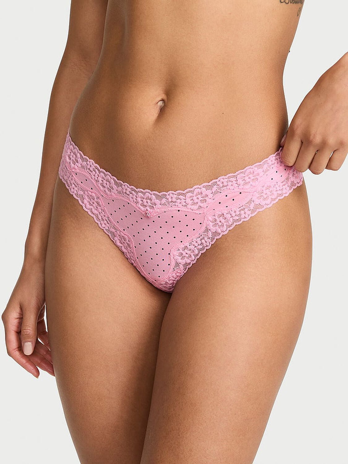 vs Lace Trim Cotton Lace-Waist Thong Panty Victoria Pink Pin Dots 1 of 3 