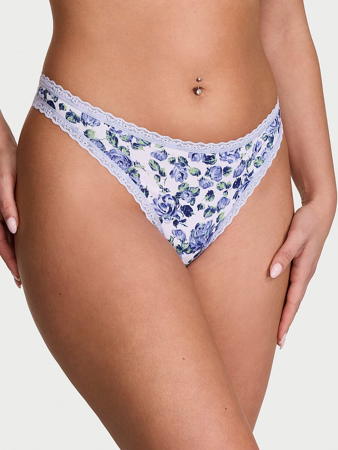 vs Lace Trim Cotton Lace-Waist Thong Icy Lavender Roses 1 of 3 