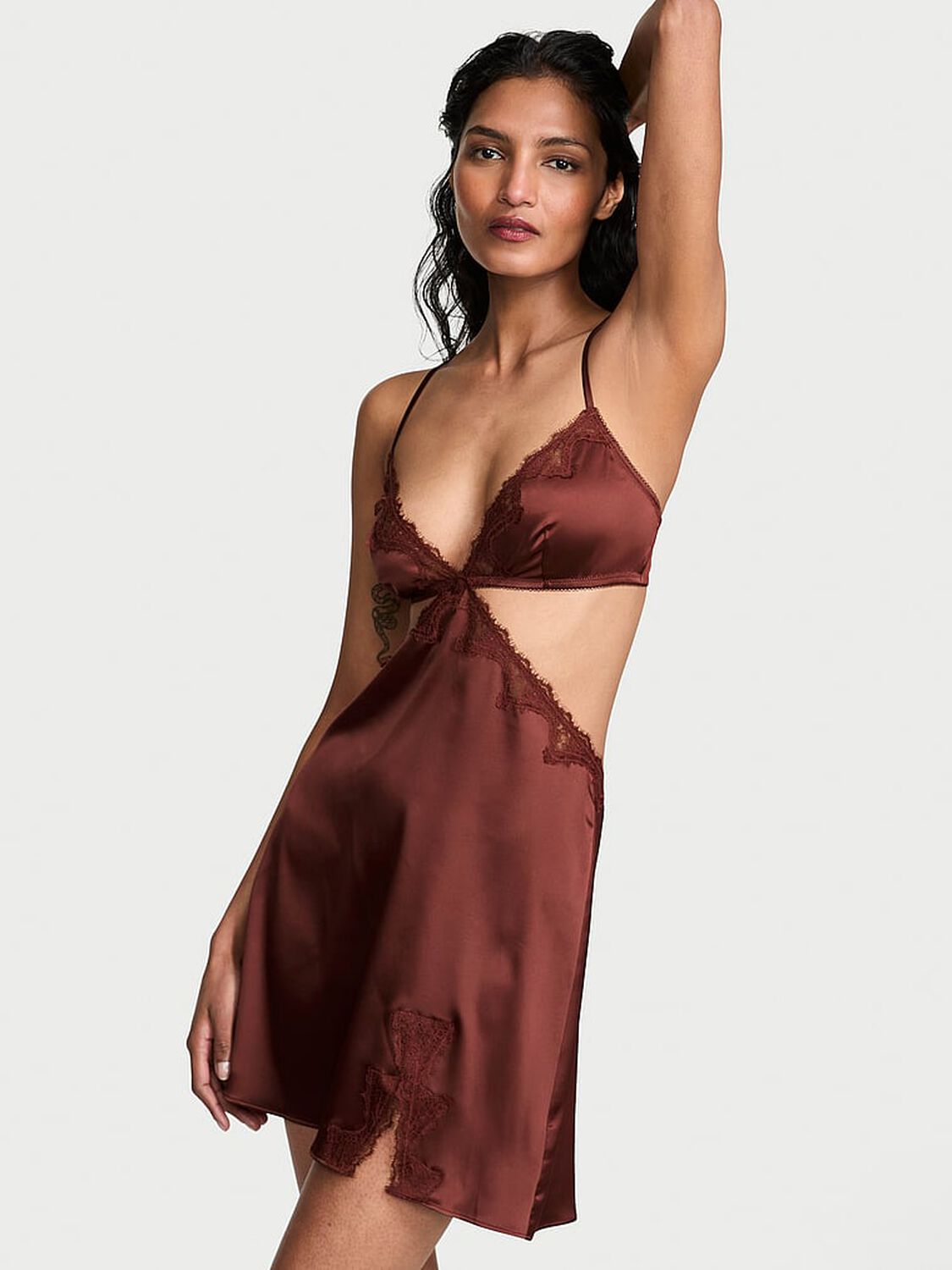 vs Very Sexy Satin Rose Lace-Trim Cut-Out Mini Slip Dress Dark Chili 1 of 4 