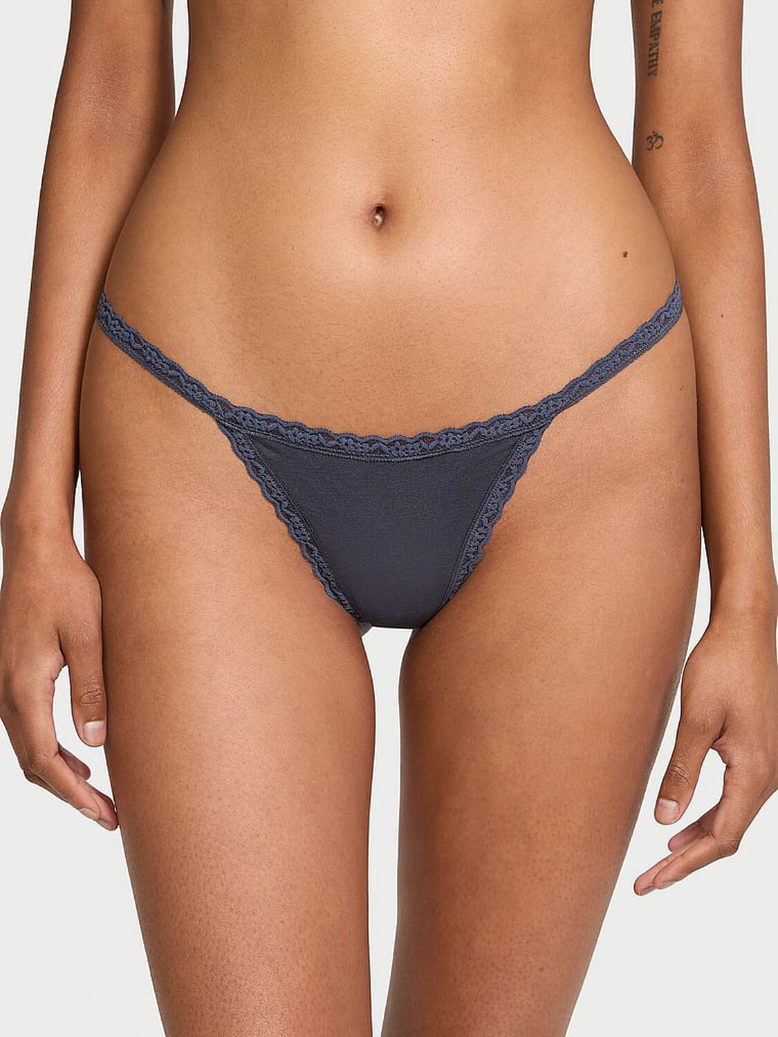 vs The Lacie Lace-Trim Cotton V-String Panty Grey 1 of 3 