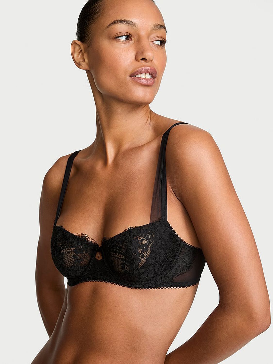vs Dream Angels Wicked Unlined Lace Mesh-Trim Balconette Bra Black 1 of 3 