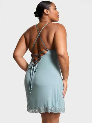 Ribbed Modal & Lace Cross-Back Slip Dress