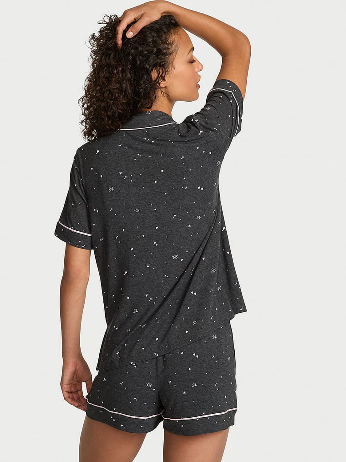 vs Victoria's Secret Modal Soft Short Pajama Set Vs Charcoal Htr Grey/Purest Pink W/ Hearts 1 of 3 
