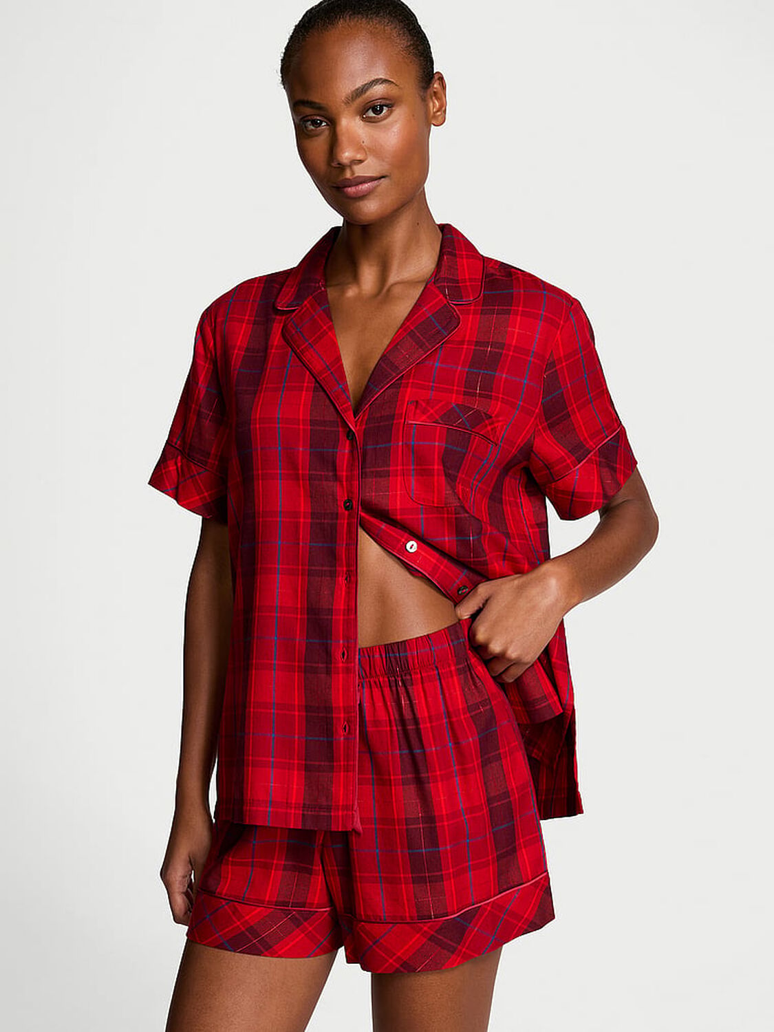 vs Victoria's Secret Flannel Short Pajama Set Red Laquer  Plaid 1 of 3 
