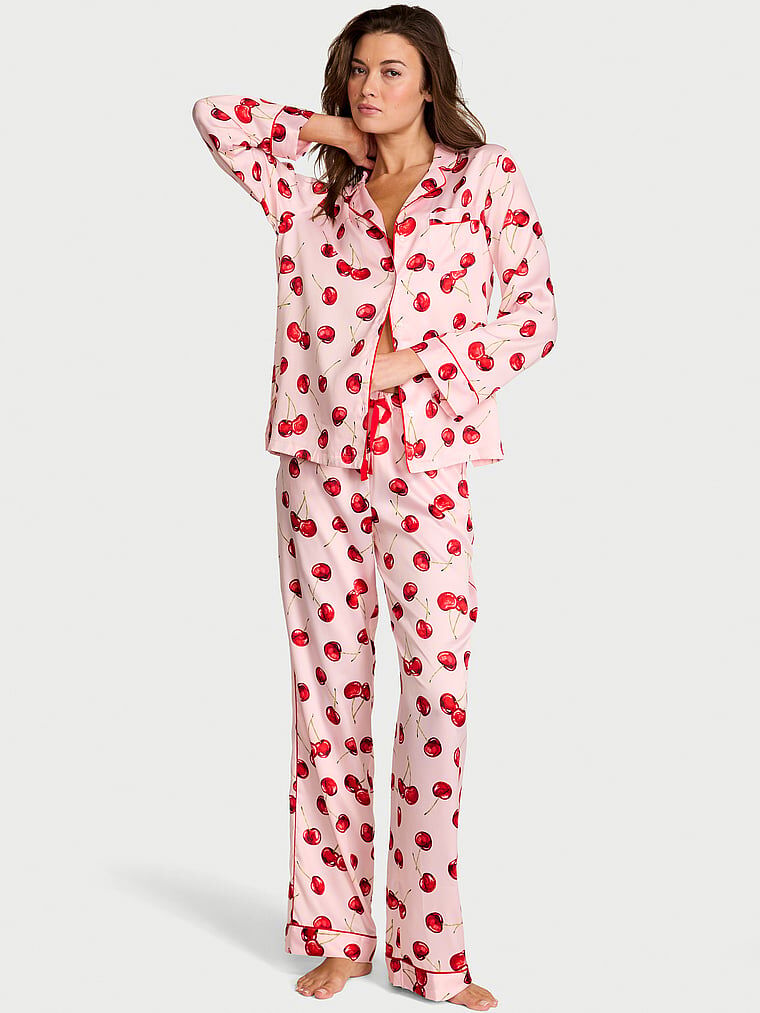 Signature Satin Long Pajama Set Bright Vermillion Exploded