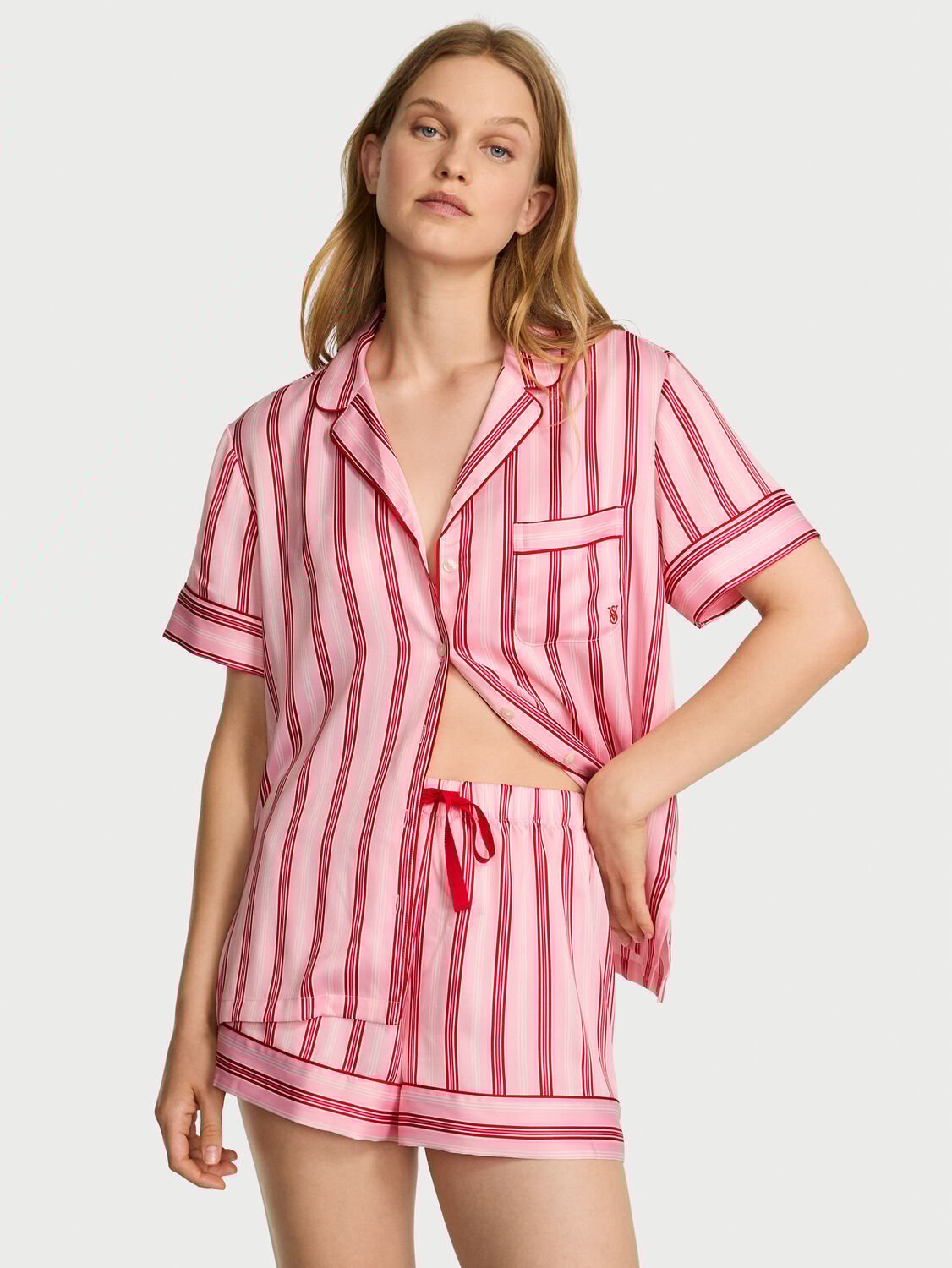 vs Victoria's Secret Glazed Satin Short Pajama Set Festival Stripe 2 of 2 