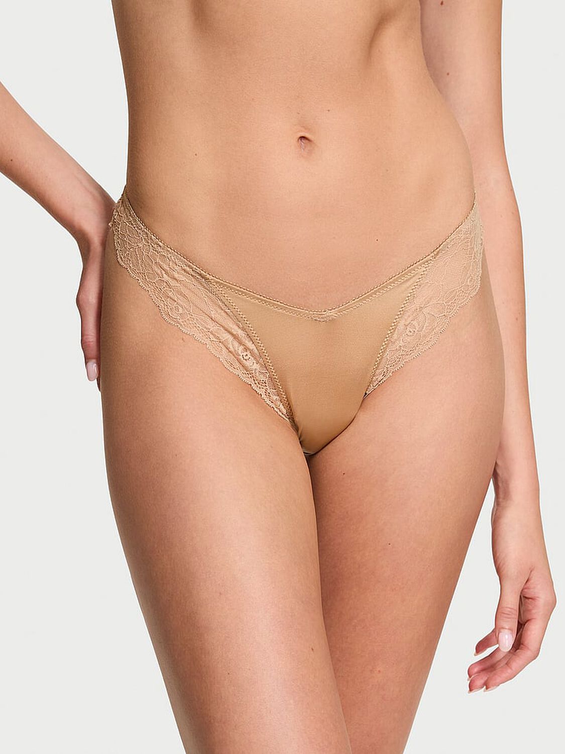 vs Very Sexy Rose Lace-Trim High-Leg Thong Panty Praline 1 of 3 
