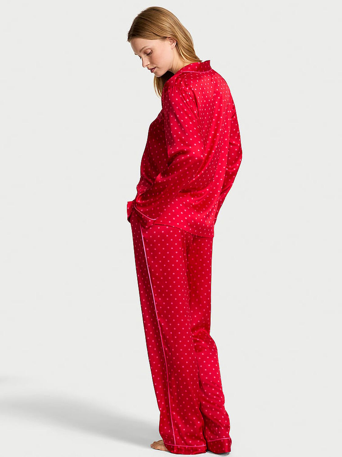 vs Victoria's Secret Glazed Satin Long Pajama Set Lipstick Dot 2 of 4 