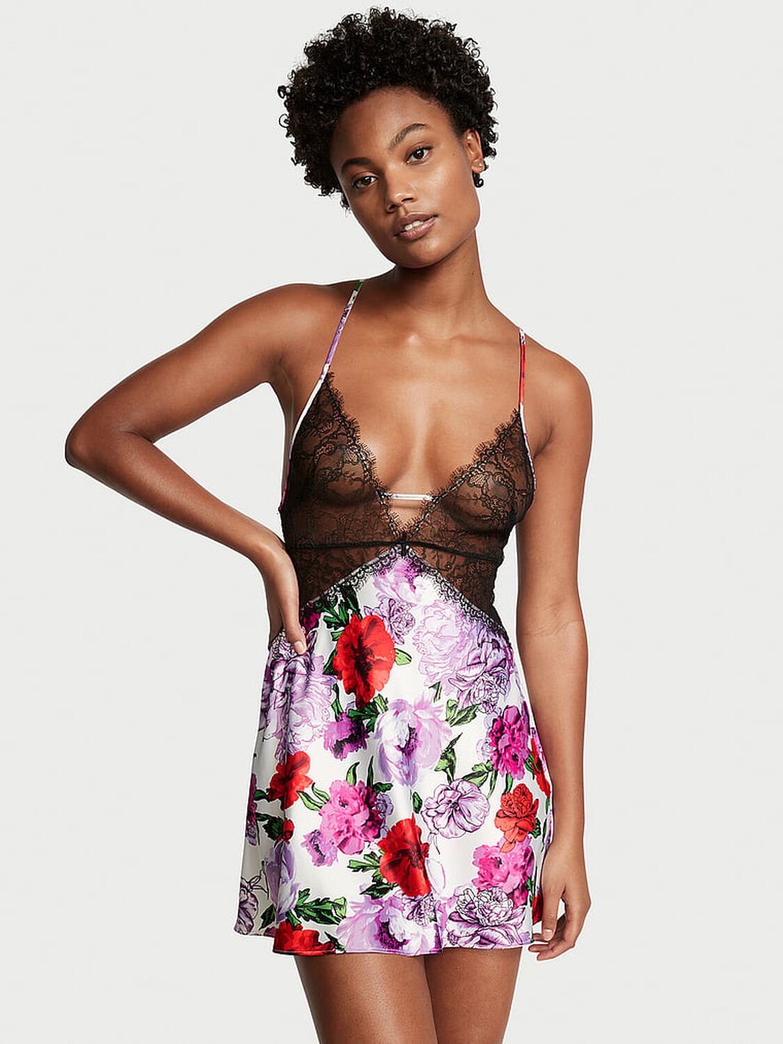 vs Victoria's Secret Lace Plunge Slip White Rose Floral 1 of 3 