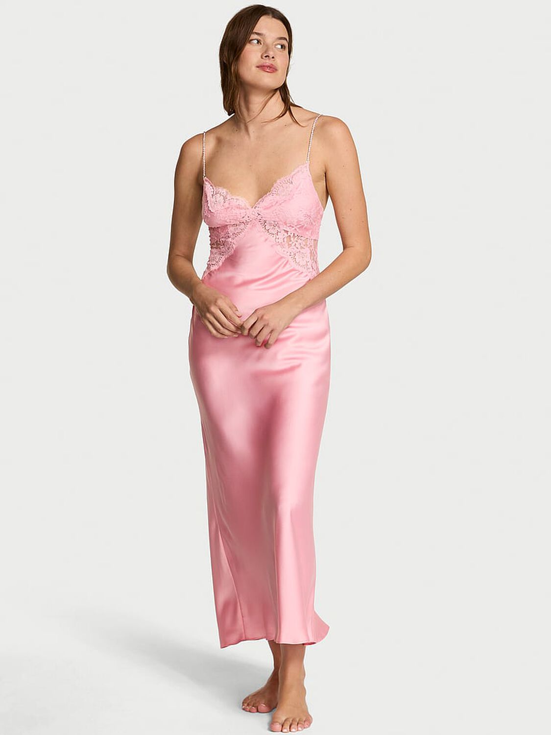 vs Dream Angels Twinkle Satin & Lace Long Slip Dress Petal Pink 1 of 4 
