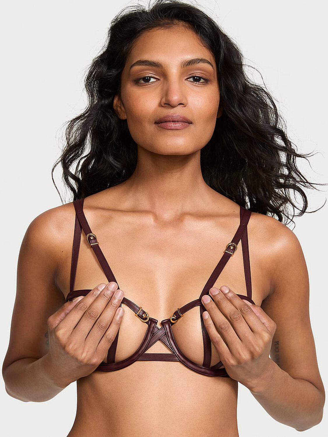 vs Very Sexy Faux Leather Open-Cup Balconette Bra Burgundy Brown 1 of 4 