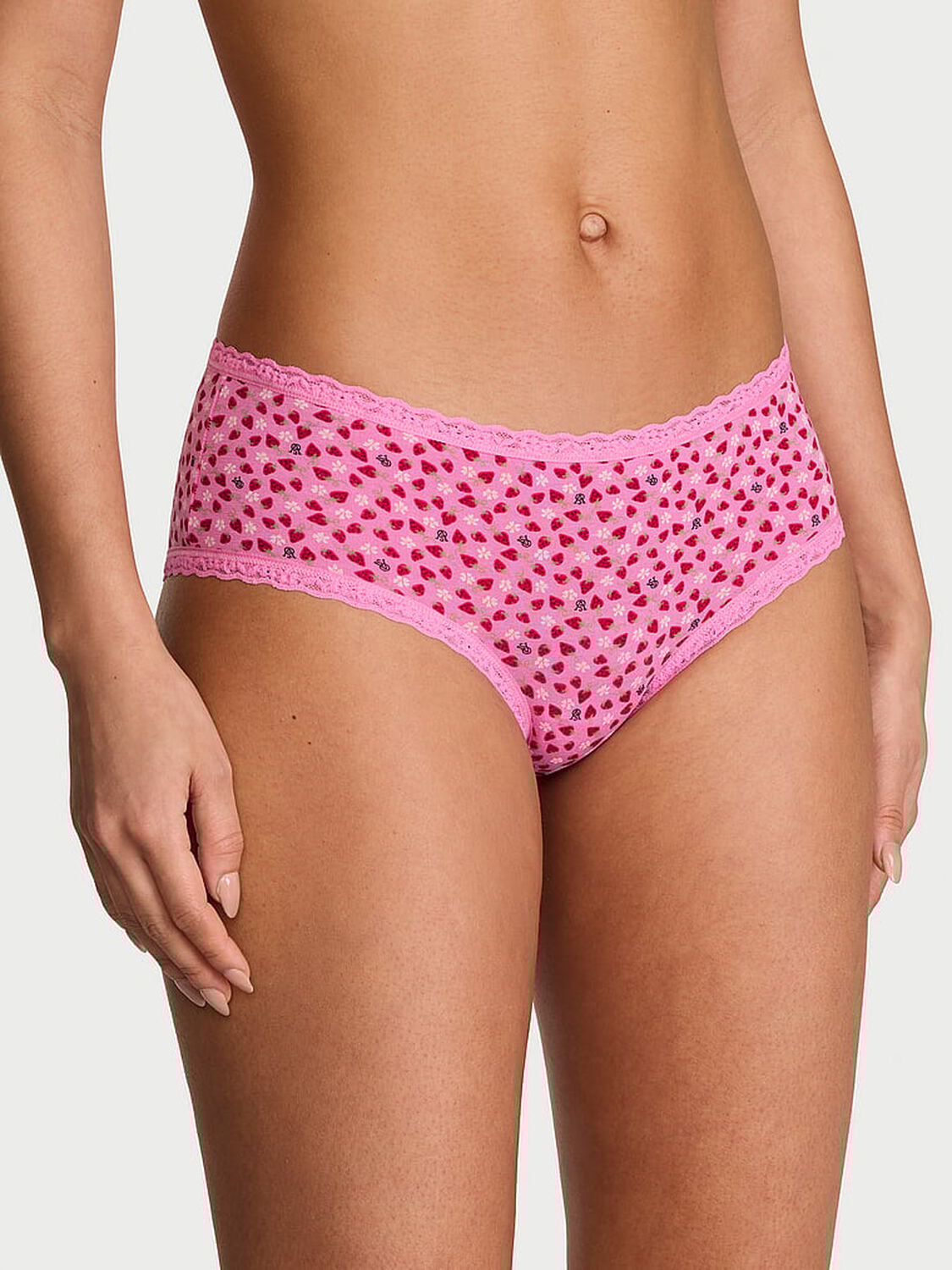 vs Lace Trim Cotton Lace-Waist Cheeky Panty Pink Sugar Strawberries 1 of 3 