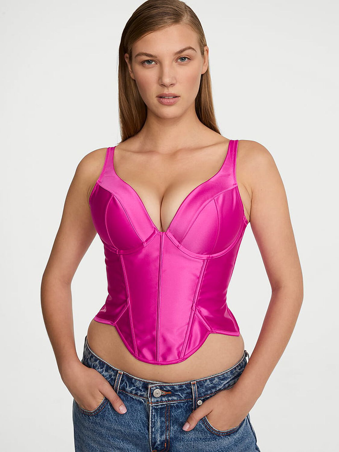 vs Very Sexy Push-Up Satin Corset Top Pink Fire 1 of 2 