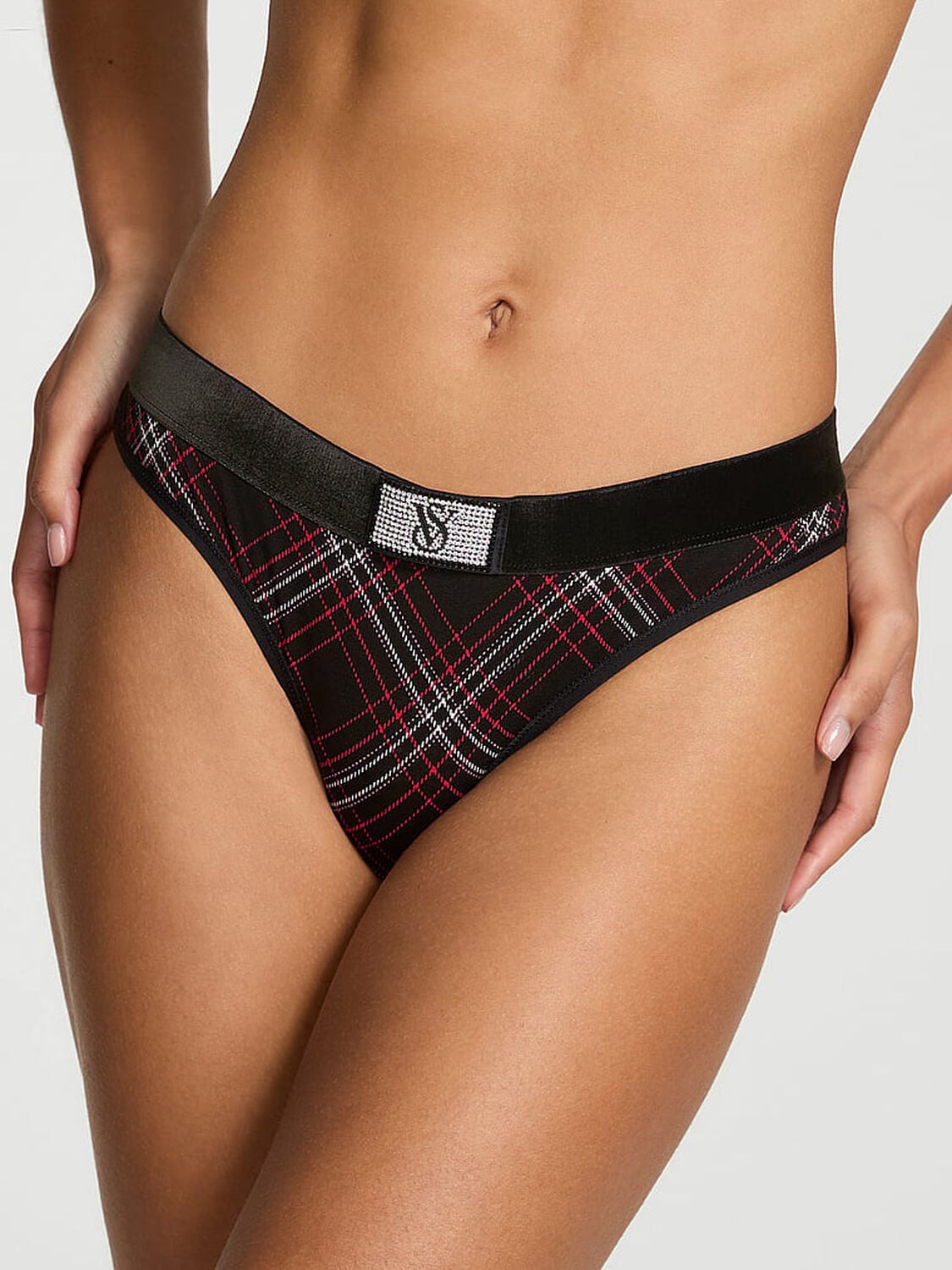 vs Cotton Logo Cotton Shine Patch Velvet Thong Panty Black Plaid 1 of 2 