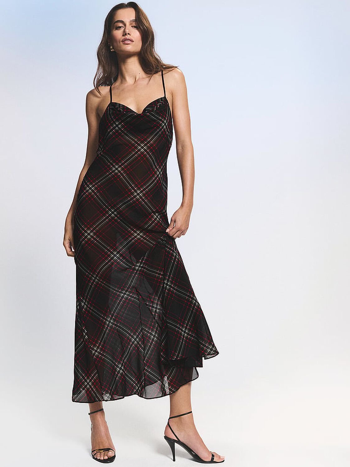 vs Very Sexy Chiffon Tartan Draped Maxi Slip Dress Black Plaid 3 of 3 