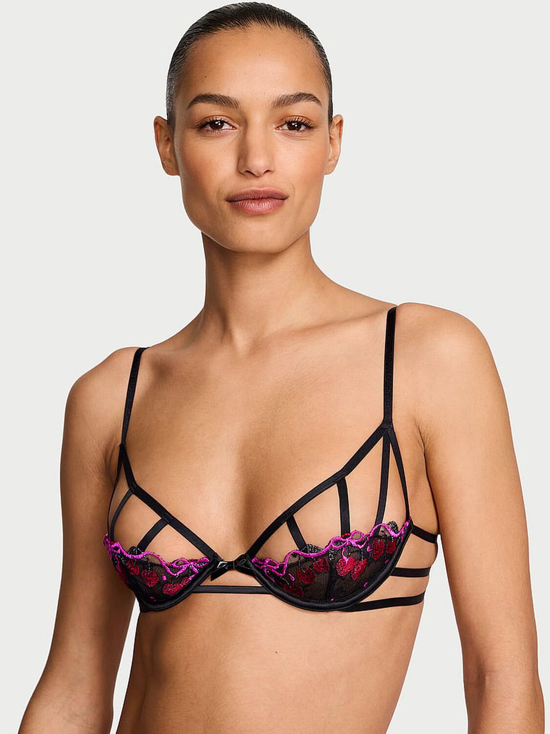 vs Very Sexy Cherry Pop Embroidery Unlined Peekaboo Demi Bra Black Cherry Pop 1 of 4 