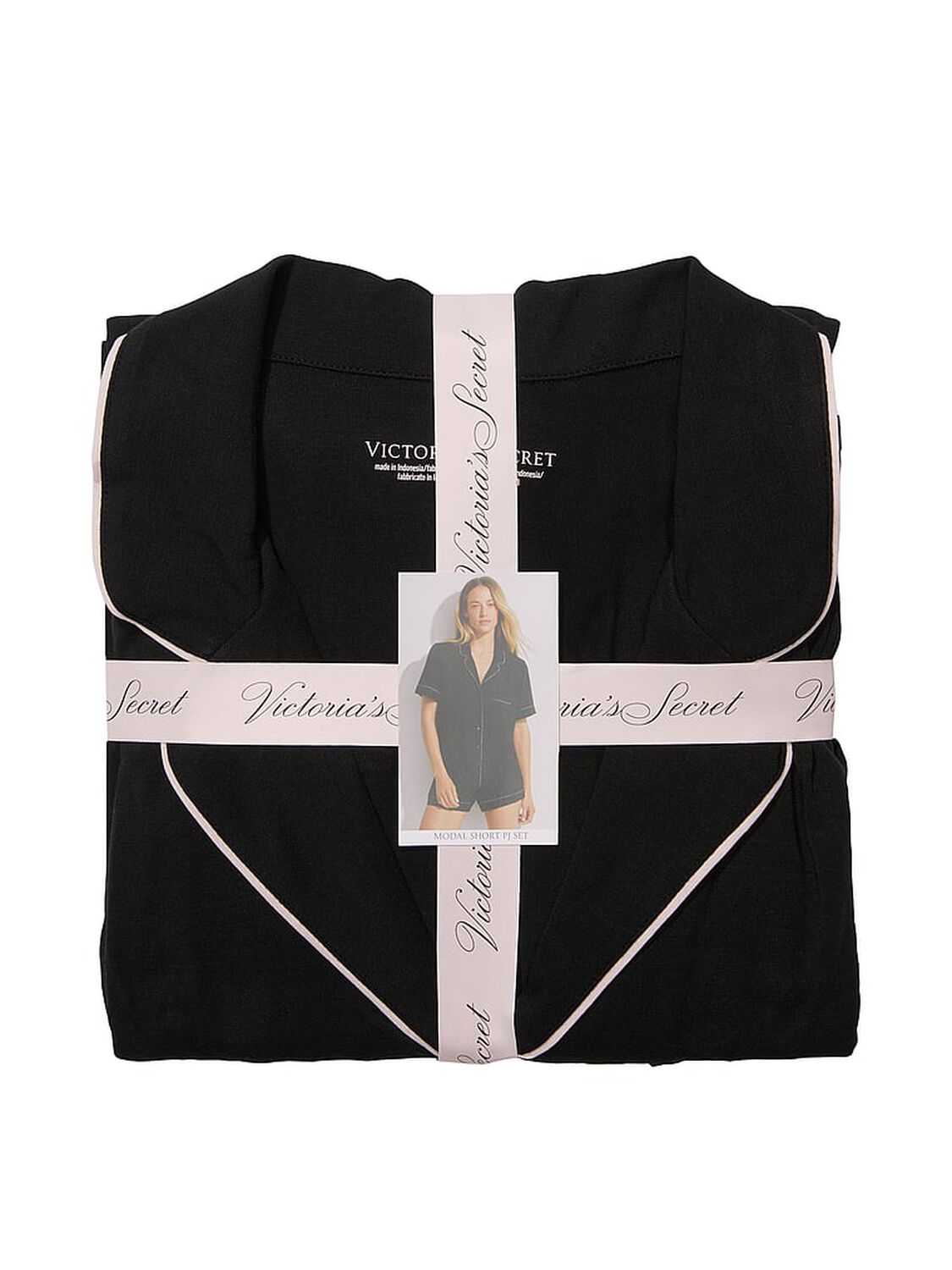 vs Victoria's Secret Modal Short Pajama Set Black W Angel Pink Piping 4 of 5 