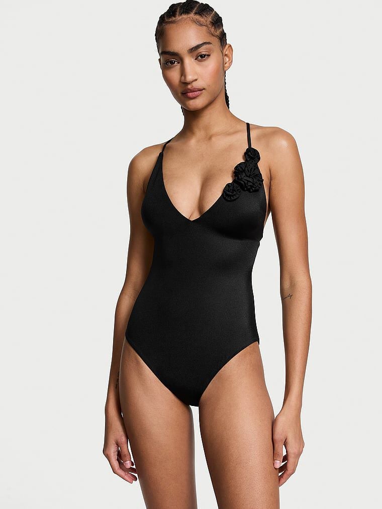 Rosette Plunge One-Piece Swimsuit Black | Victoria's Secret Australia