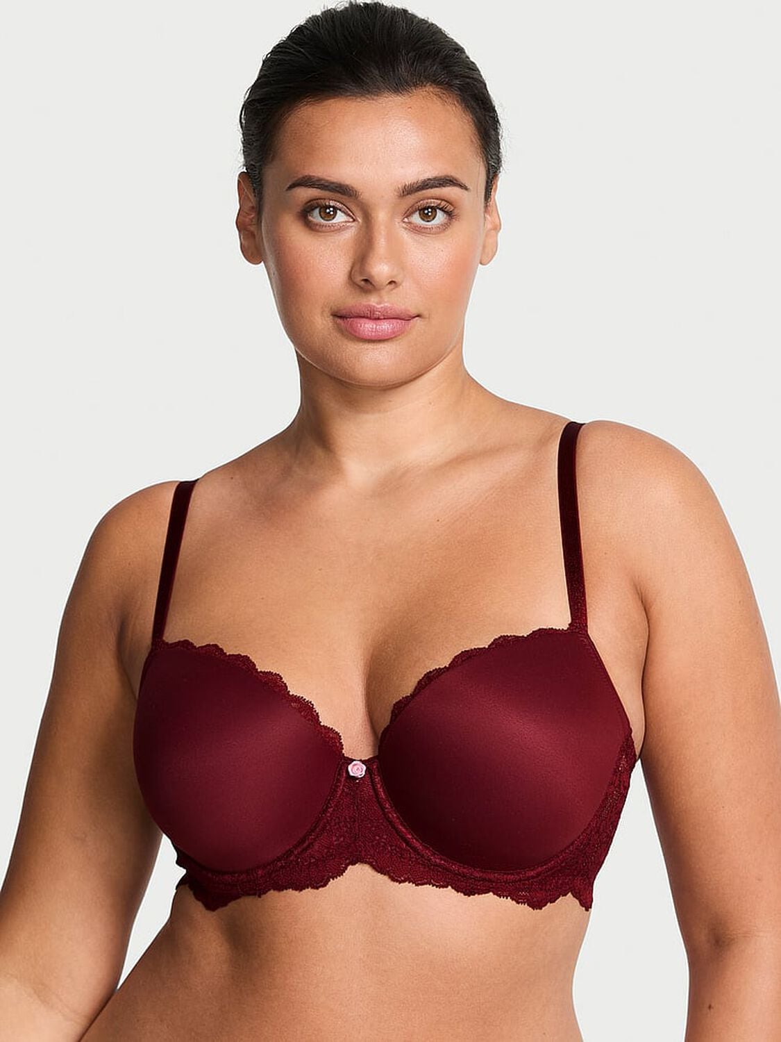 vs Dream Angels Smooth & Lace Lightly Lined Demi Bra Sangria Red 1 of 2 