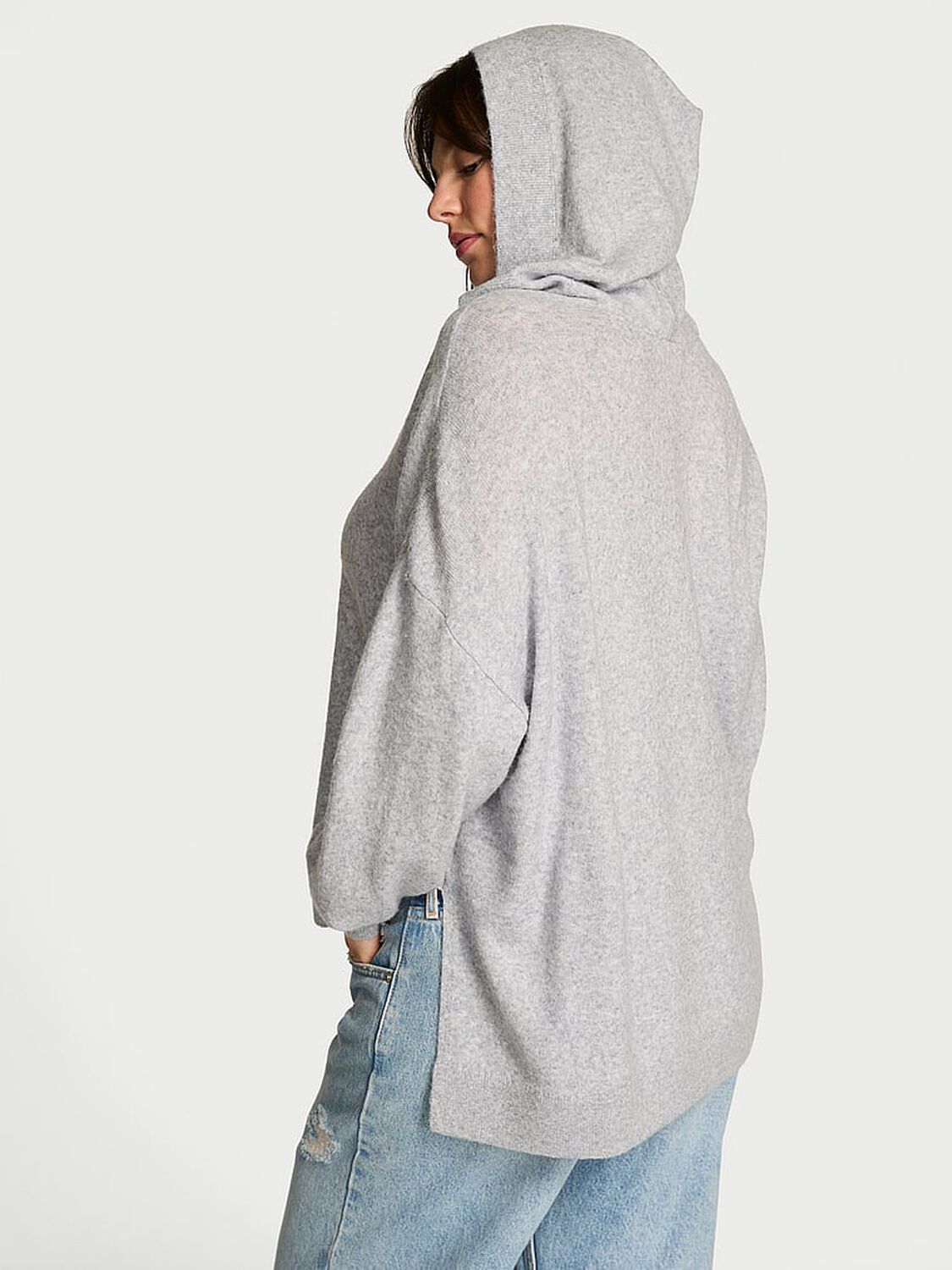 vs Victoria's Secret Luxe Knit V-Neck Hoodie Sweater Medium Heather Grey 2 of 3 