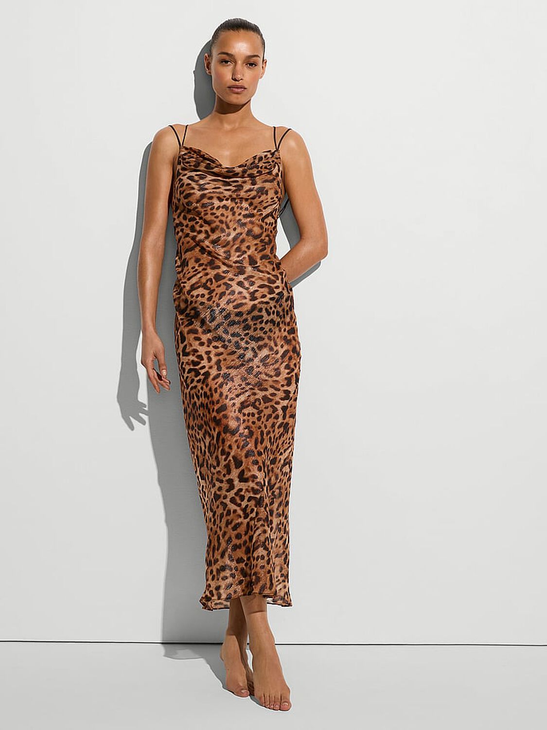 vs Very Sexy Geo Leo Chiffon Draped Maxi Slip Dress Shimmer Leopard 1 of 4 