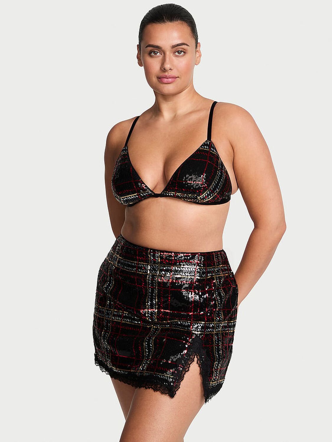 vs Very Sexy Sequin Tartan Bralette & Skirt Set Black Plaid 1 of 4 