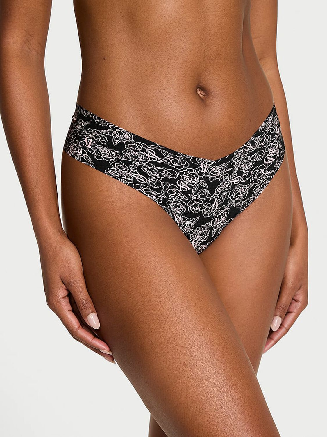 vs No-Show No-Show Thong Panty Black Sketch Floral 1 of 3 