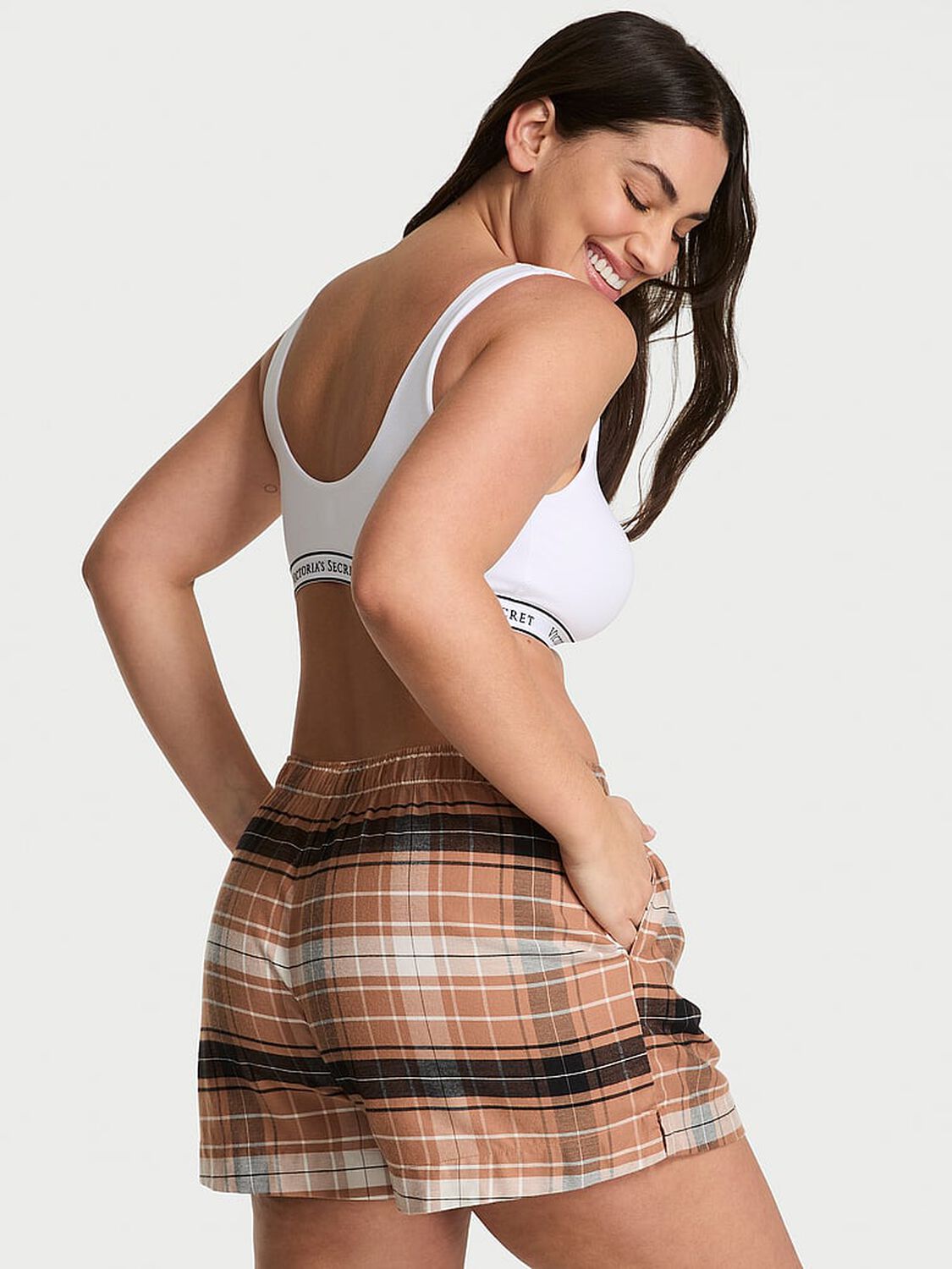 vs Victoria's Secret Modal-Cotton Pajama Shorts Toffee/Coconut White Bold Plaid 1 of 3 