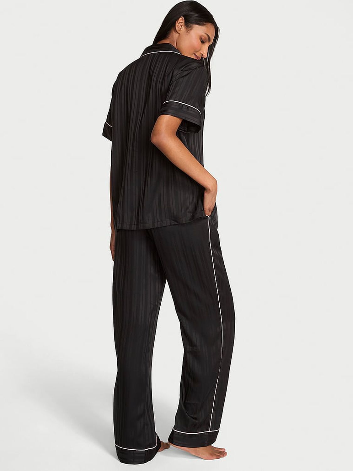 vs Victoria's Secret Glazed Satin Short-Sleeve Long Pajama Set Black 2 of 3 