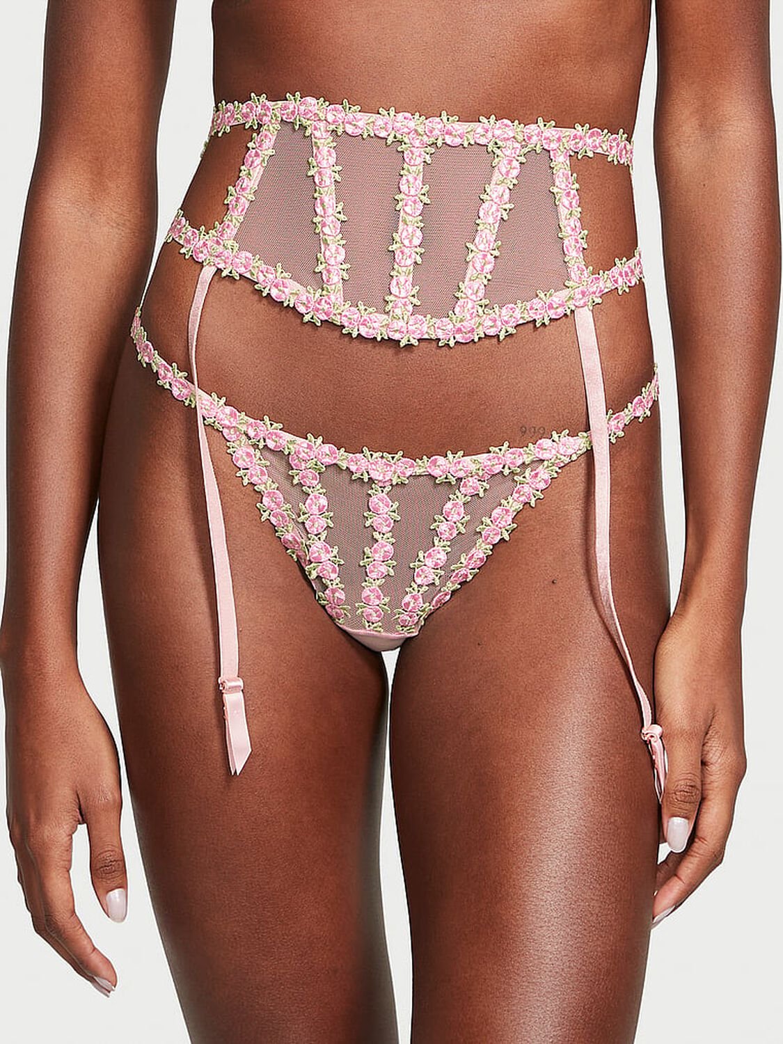 vs Dream Angels Rosebud Embroidery Garter Belt Pink Fizz 1 of 4 