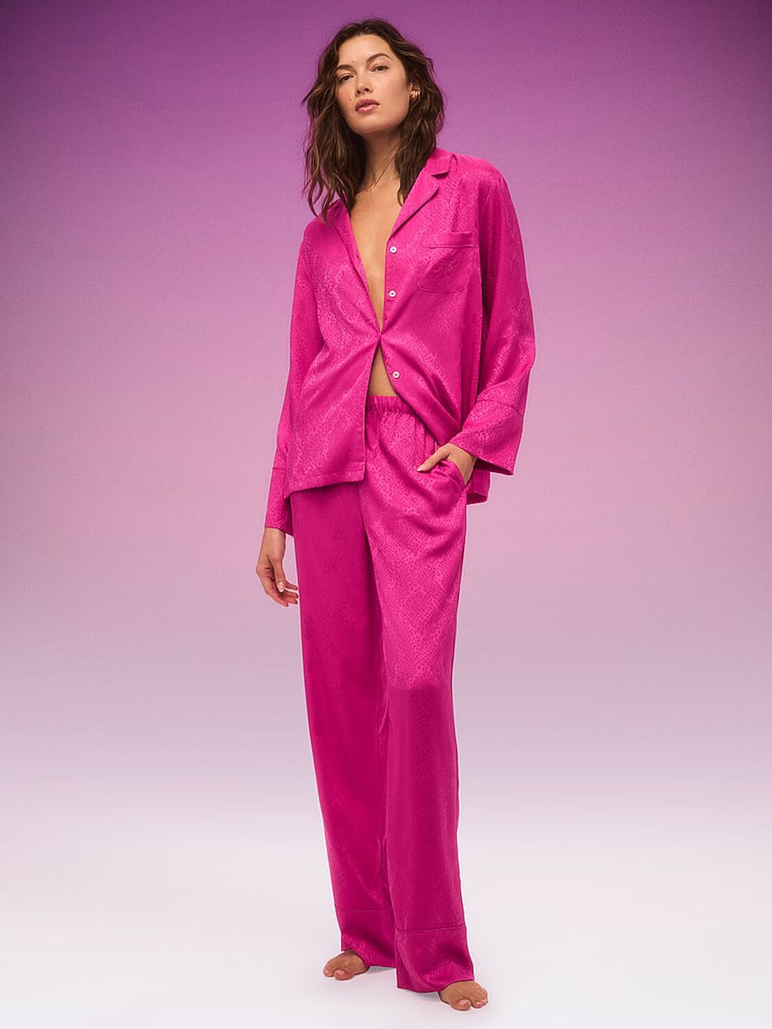 vs Victoria's Secret Signature Satin Long Pajama Set Pink Fire 4 of 4 
