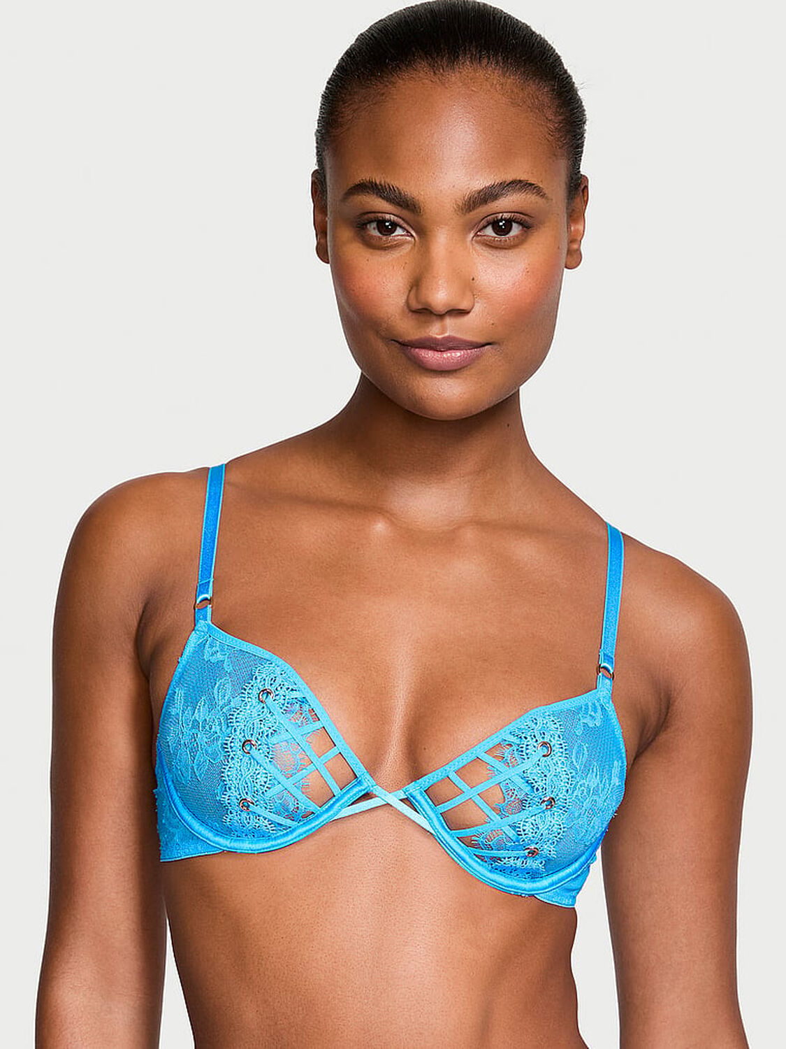 vs Very Sexy Unlined Rose Lace & Grommet Low-Cut Demi Bra Capri Blue 1 of 4 