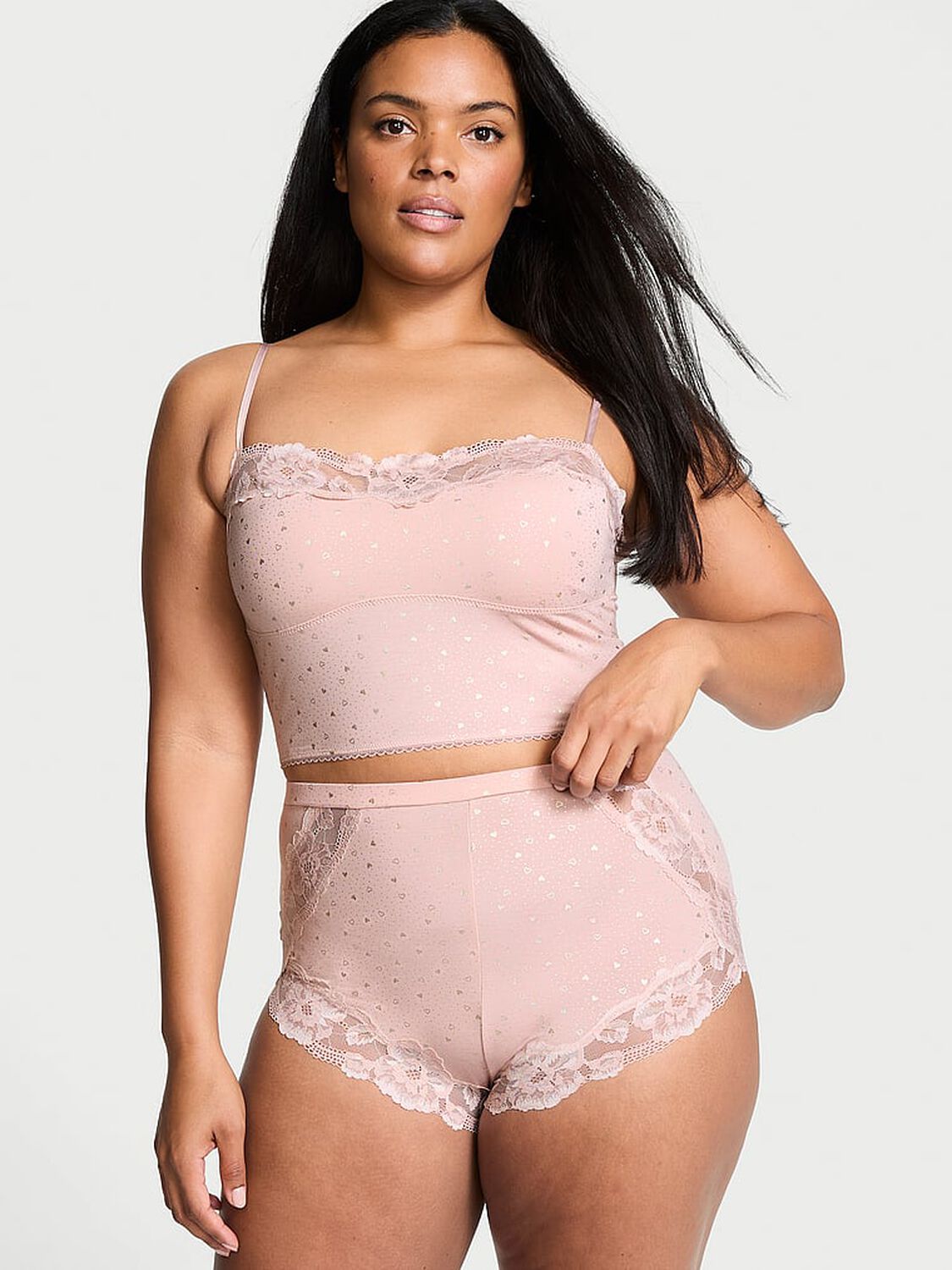 vs Victoria's Secret Modal & Lace Trim Straight-Neck Cami Set Pink Zinc Shimmer 1 of 3 