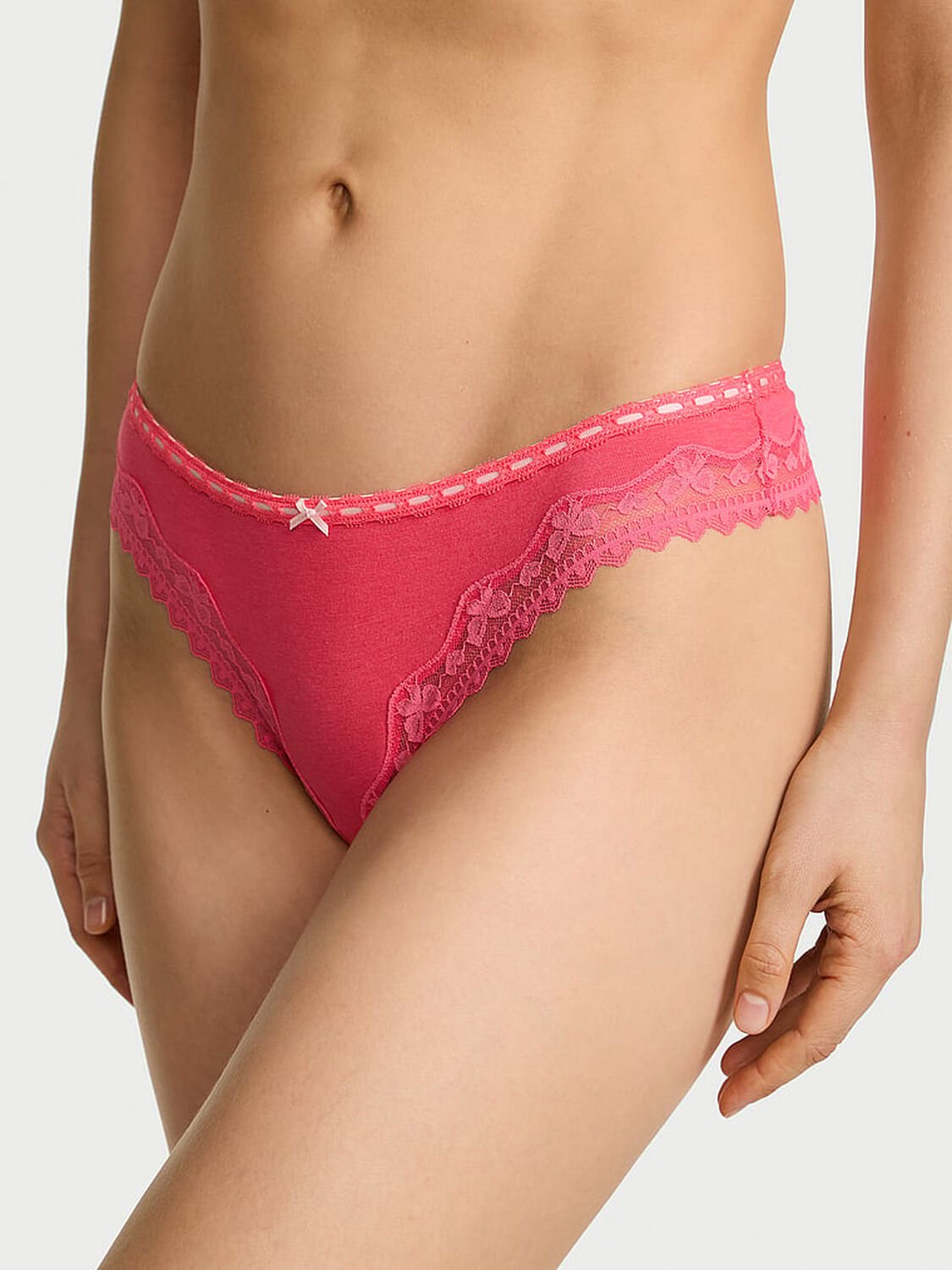 vs Lace Trim Cotton Bow Lace-Trim Thong Panty Poppy 1 of 3 