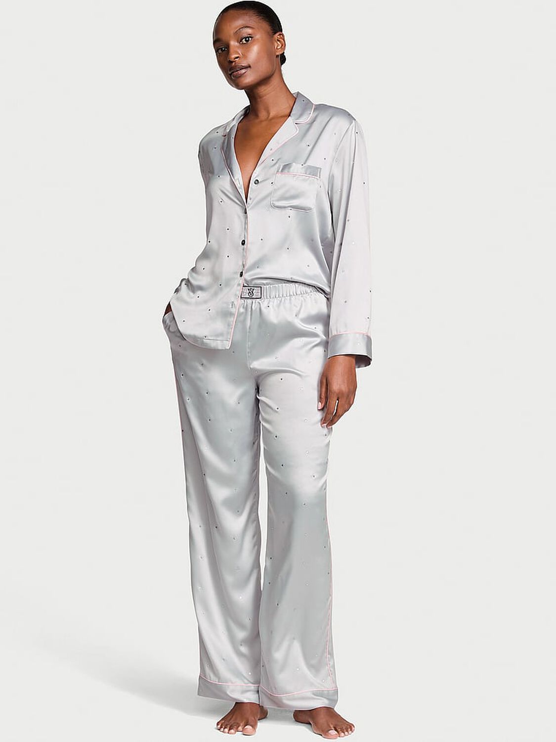 vs Victoria's Secret Glazed Satin Dew Drop Long Pajama Set Silver Pearl 1 of 4 