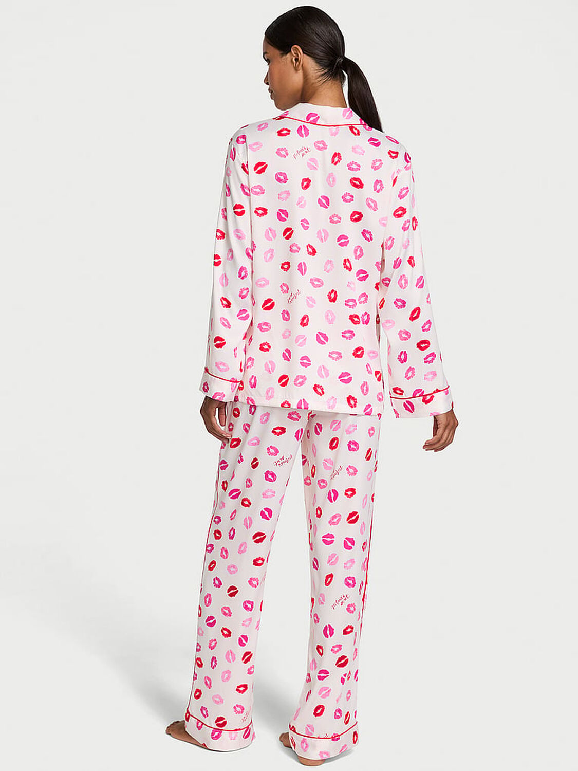 vs Victoria's Secret Glazed Satin Long Pajama Set Coconut White & Lipstick Kisses 2 of 4 