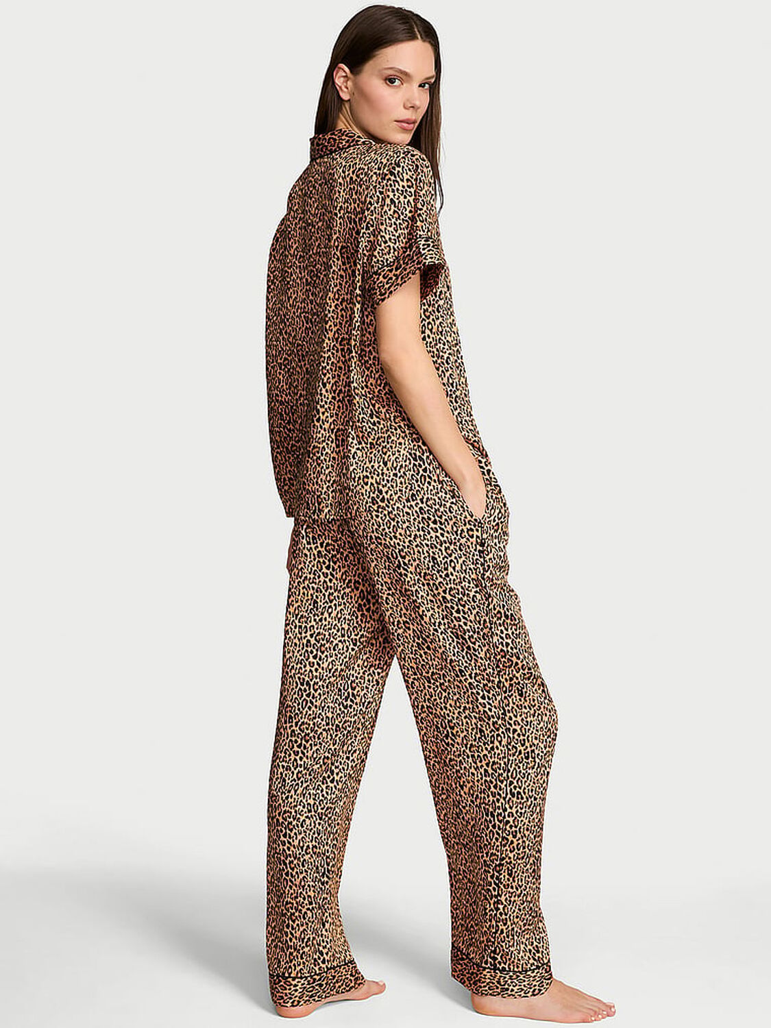 vs Victoria's Secret Glazed Satin Short-Sleeve Long Pajama Set Tan Leopard 2 of 3 