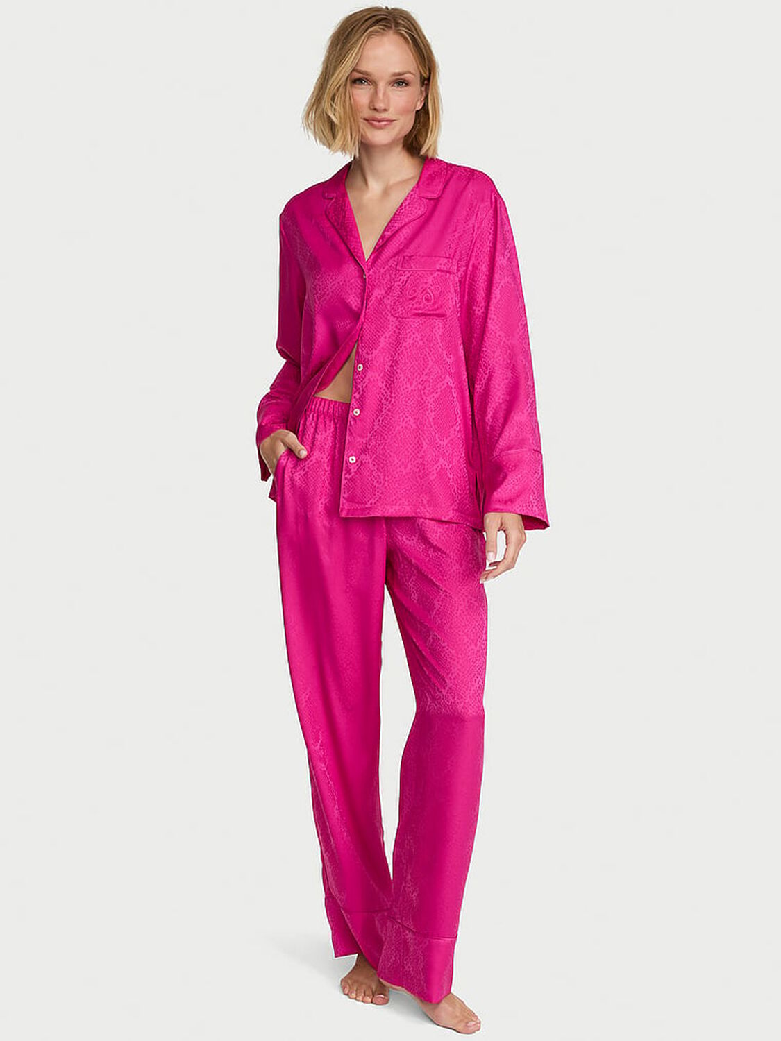 vs Victoria's Secret Signature Satin Long Pajama Set Pink Fire 1 of 4 