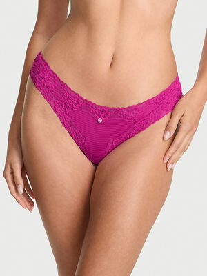Cotton Shadow Stripe Lace-Waist Thong Panty