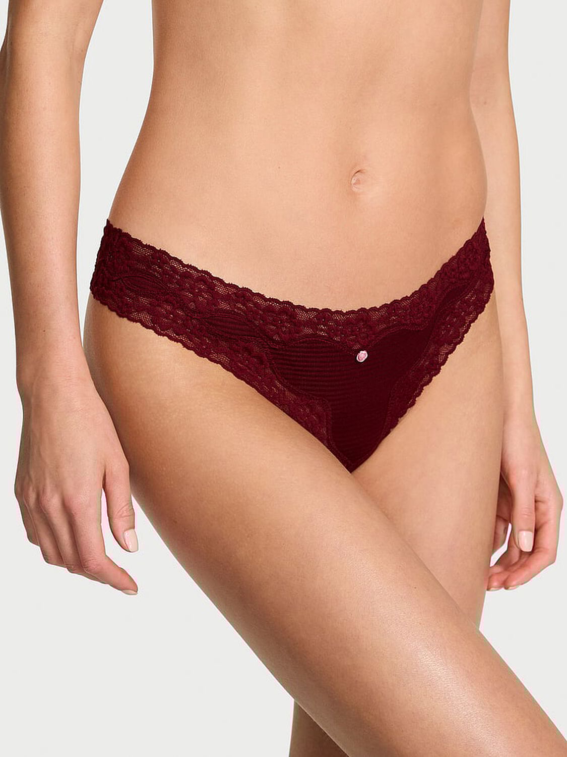 vs Lace Trim Cotton Shadow Stripe Lace-Waist Thong Panty Sangria Red 1 of 2 