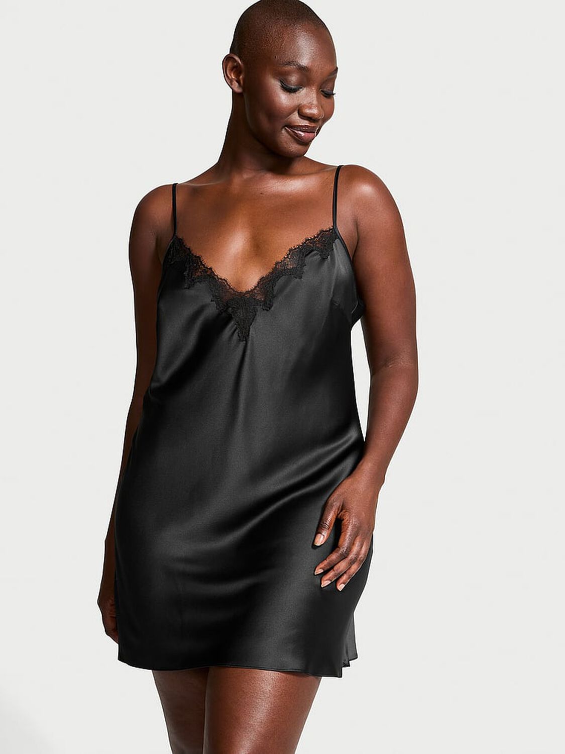 vs Victoria's Secret Satin & Rose Lace Mini Slip Black 1 of 3 
