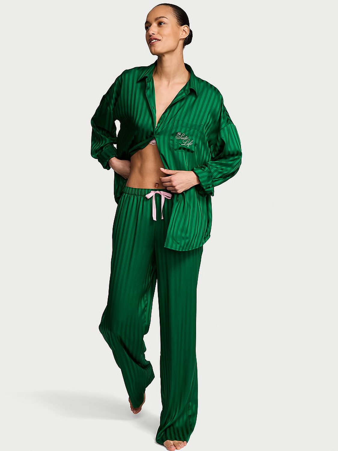 vs Victoria's Secret Signature Satin Oversized Long Pajama Set Prettiest Pine Stripes 1 of 3 