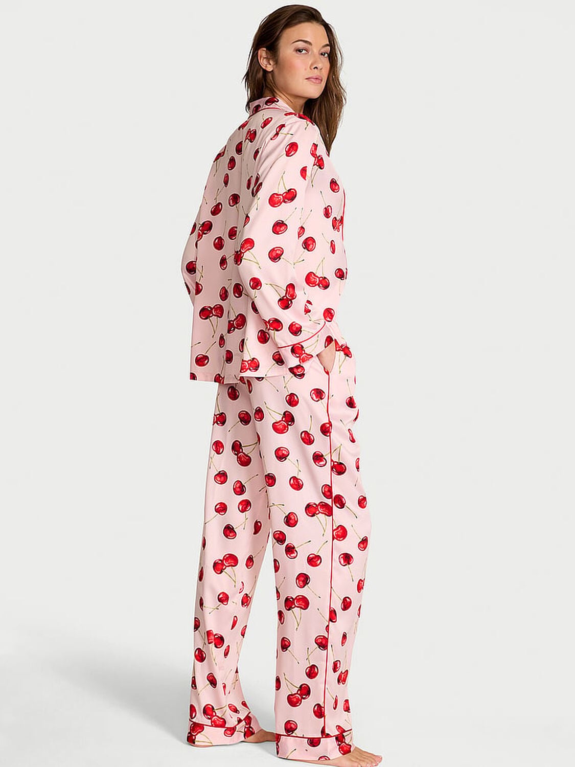 vs Victoria's Secret Glazed Satin Long Pajama Set Bright Vermillion Exploded Cherries 2 of 3 
